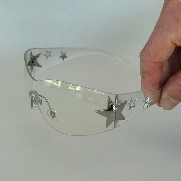 Y2K Silver Star Shaped Sunglasses Clear Lenses Unisex - Picture 1 of 6